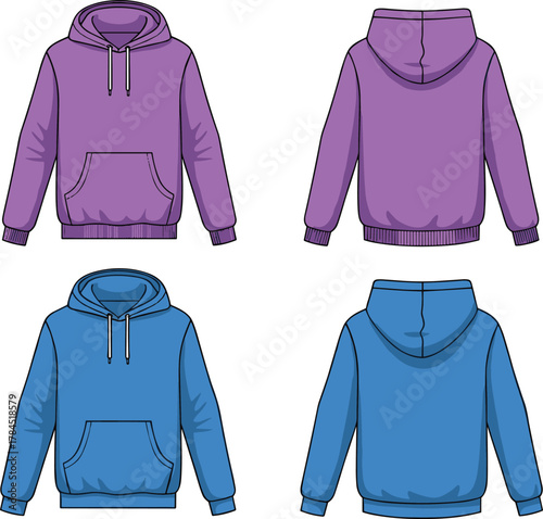 Hooded sweatshirt front and back view, kids hoodie collection, casual fashion, drawstring hood, kangaroo pocket, ribbed cuffs, vector illustration, youth apparel