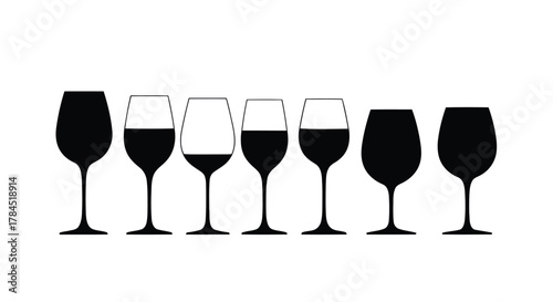 Vector art of collection of wine glasses with varying levels of wine, showcasing different shapes and sizes for wine tasting