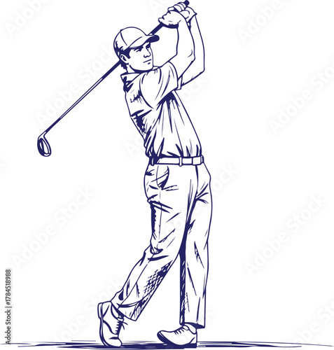 Golfer swinging club in dynamic sketch style, vector illustration