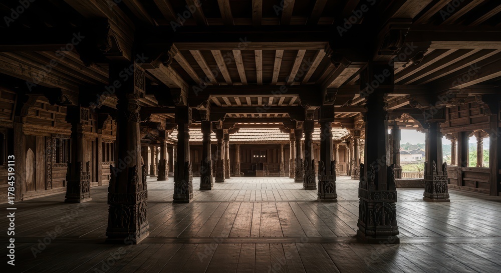 Naklejka premium Majestic wooden architecture of an ancient temple interior with intricately carved columns