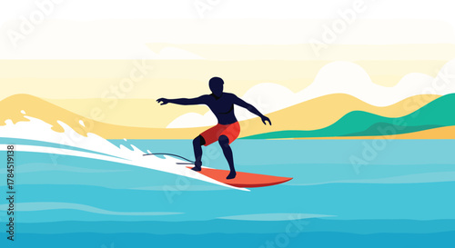 A colorful illustration depicts a male surfer riding a foamy wave on an orange surfboard, silhouetted against a tranquil beach and distant hills under a warm sunset sky.
