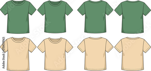 T-shirt mockup set, front and back views, multi-angle apparel illustration, casual wear design, green and beige colors, fashion template, clothing presentation
