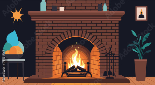 A cozy and inviting living room scene with a brick fireplace, crackling fire, decorative mantelpiece, and household plants creating a warm, comfortable ambiance.