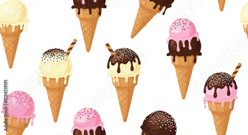 A delightful seamless pattern of various ice cream cones with different flavors, toppings, and drizzles, arranged on a clean white background.