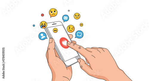 Hands holding a smartphone and tapping a heart-shaped like button, surrounded by various emojis and social media icons, symbolizing digital communication and online engagement.