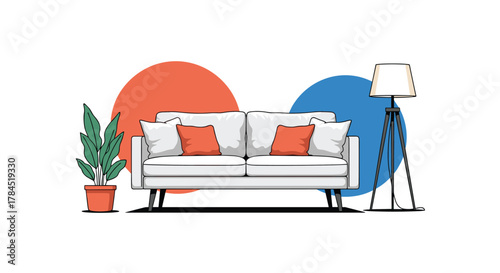 Modern living room setup featuring a comfortable white sofa with colorful pillows, a vibrant potted plant, and a stylish floor lamp against a minimalist background.