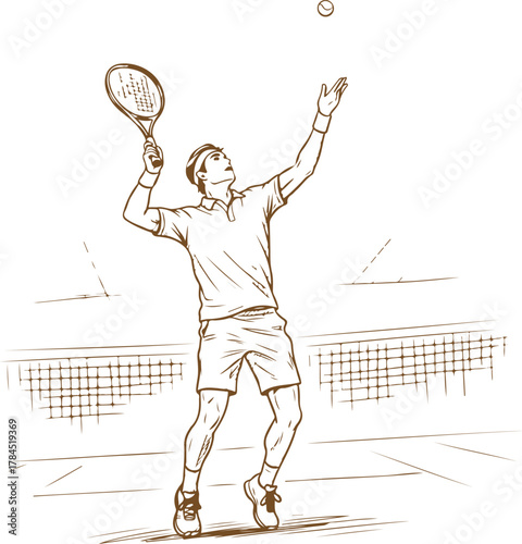 Tennis player serving a ball in a sketch style vector illustration