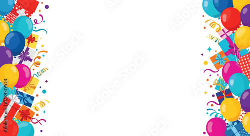 Colorful celebration border with balloons, gift boxes, confetti, and streamers on a white background, perfect for invitations and party designs.