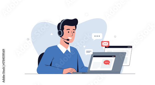 A friendly male customer service agent wearing a headset is working on a laptop, engaging in online communication and support, depicted in a modern flat illustration style.