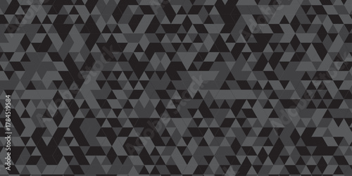 Abstract geometric black and gray background seamless mosaic and low polygon triangle texture wallpaper. Triangle shape retro wall grid pattern geometric ornament tile vector square element.	
