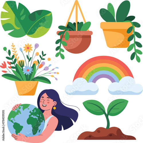 Woman embracing planet Earth surrounded by lush green nature and a vibrant rainbow promoting environmental protection vector