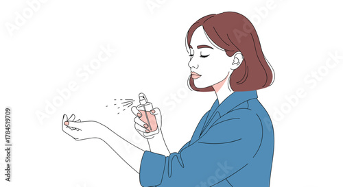 An elegant young woman with short brown hair, dressed in blue, delicately applies perfume to her wrist, engaging in a sensual beauty ritual.