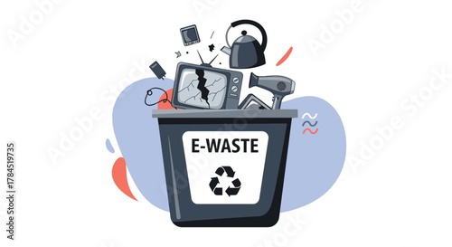 An overflowing 'E-WASTE' bin, marked with a recycling symbol, illustrates the growing problem of electronic waste with discarded devices and appliances.