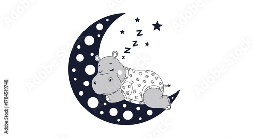A cute baby hippo in pajamas peacefully sleeps on a dark blue crescent moon with white dots, surrounded by stars and Zzz symbols, depicting peaceful dreams.
