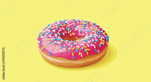 A delicious, vibrantly colored cartoon donut with bright pink frosting and a generous topping of colorful sprinkles, isolated on a cheerful solid yellow background.