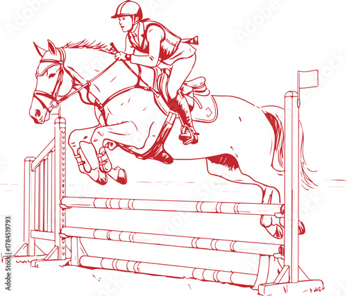 Equestrian rider and horse leaping over a jump in a sketch style vector illustration