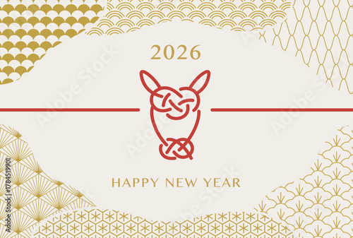 干支の水引モチーフ年賀状テンプレート（午年）