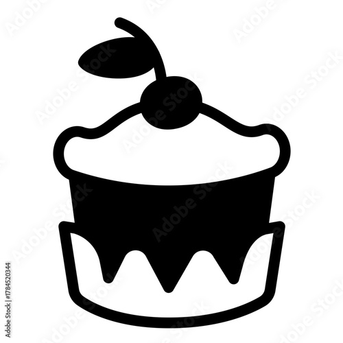 Bun solid icon, desert sweets concept. Vector graphics. Cupcake in glaze and cherry sign on white background, style icon mobile or web design.