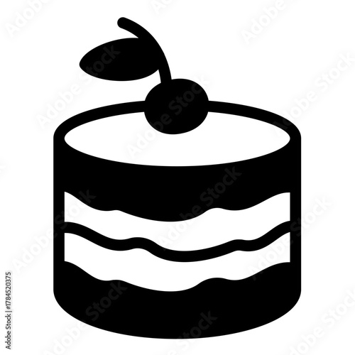 Cream cake solid icon, desert sweets concept. Vector graphics. Delicious cake with cherry sign on white background, style icon mobile or web design.