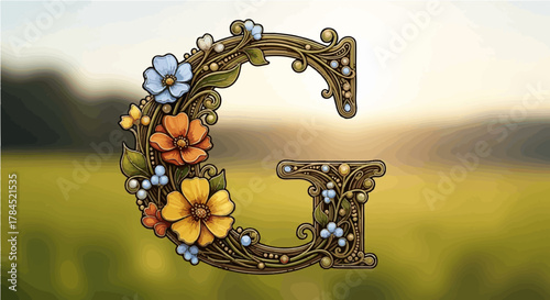 Ornate letter g adorned with colorful flowers and twisting vines in nature.