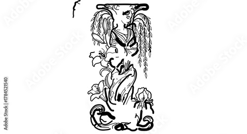 Art nouveau stylized female figure with lilies and roses line drawing