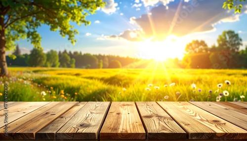 Fototapeta Naklejka Na Ścianę i Meble -  Beautiful landscape with wooden table, sunny field and natural summer background