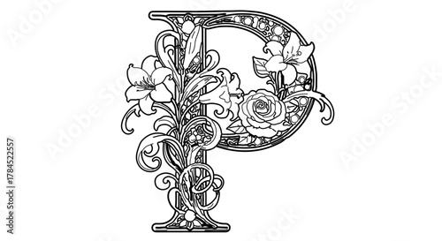 Ornate initial p with detailed floral design for elegant projects