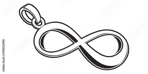 Illustration of an infinity pendant with a loop for attachment in black and white style drawing