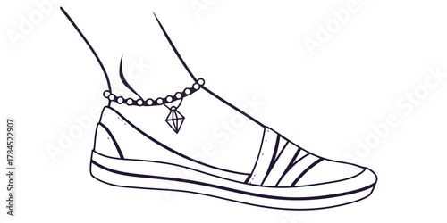 Illustration of a foot wearing a slip on shoe with an ankle bracelet and diamond pendant charm detail