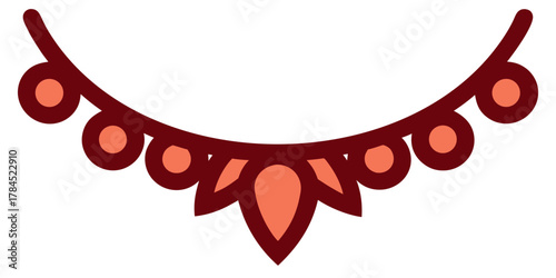 Illustration of a maroon and peach colored necklace with teardrop and circular gem designs on a white background