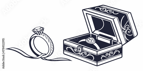 Illustration of a diamond ring with ribbon and another ring inside a decorative box design element