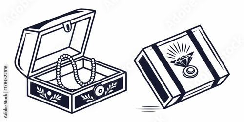 Open treasure chest with pearl necklace and closed chest with diamond ring illustration vector art