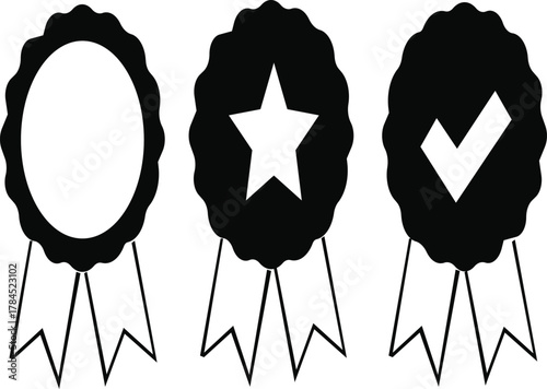 Badge ribbon icon set.Quality certify badge icon. Qualification certificate medal. Quality award ribbon sign set isolated on white background.Ribbon, Badges with star,Illustration.
