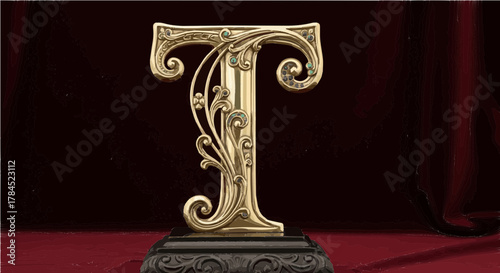 Ornate golden letter t, decorative antique typography, luxurious design