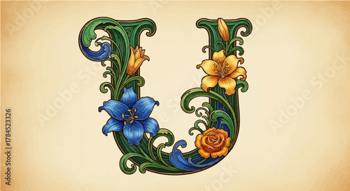 Ornate vintage capital u letter with intricate floral decoration and leaves.