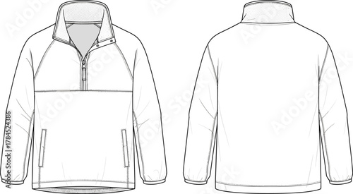 Technical flat sketch, vector windbreaker jacket front and back view, CAD fashion design template, unisex outerwear apparel illustration