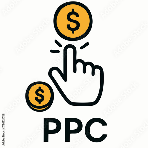 Hand cursor clicks as coin drops for pay per click advertising