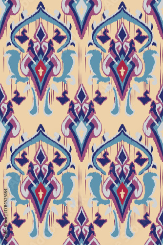 Ikat Pattern, Oriental Damask Seamless Print, Plum Teal Red Luxury Fabric