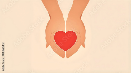 Embracing Heart: two hands cradle a vivid red heart, symbolizing love, care, and compassion in a minimalist, emotionally resonant composition.