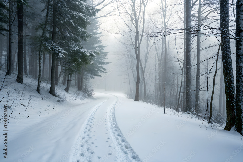 Obraz premium Snow Trail Through Forest in Vermont with Footprints and Morning Fog