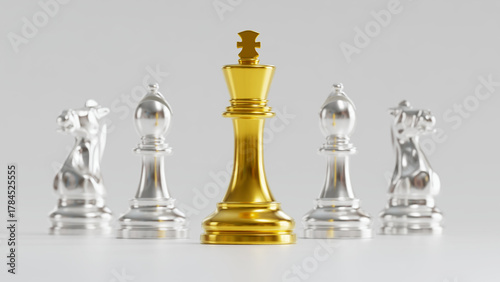 Photos Golden King Chess Piece Among Silver Knights & Bishops Symbolizing Authority & S