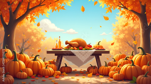 Elegant “Happy Thanksgiving” design featuring hand-drawn pumpkins, colorful falling leaves, and soft golden light effects, ideal for invitations and holiday posters