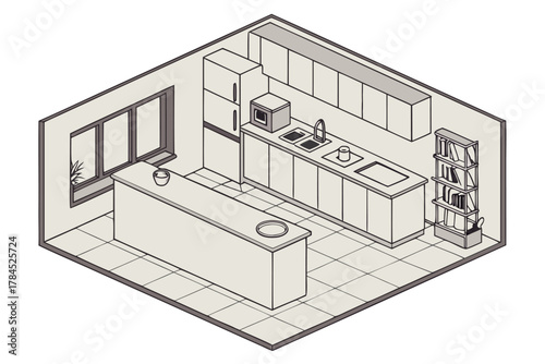 Isometric kitchen interior with island sink microwave and bookshelf modern design vector illustration