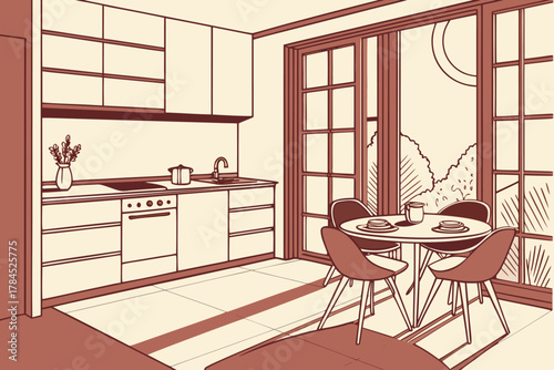 Minimalist kitchen interior design with dining area and large sliding doors to balcony