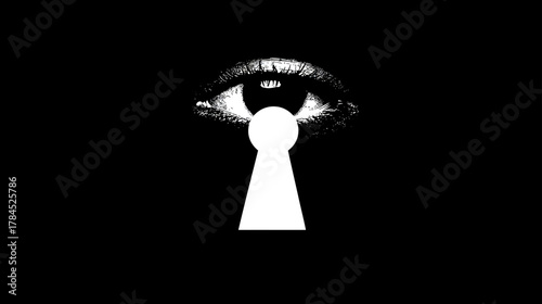 Abstract eye peering through a keyhole on a black background, symbolizing privacy, mystery, surveillance, secrets, and observation.