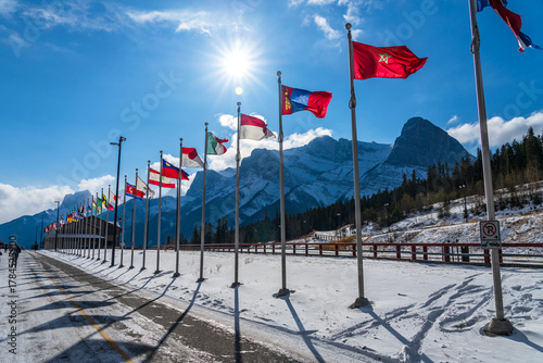 Canmore Nordic Centre Provincial Park in winter sunny day morning. The provincial park was originally constructed for the 1988 Winter Olympics. Canmore, AB, Canada.