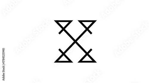 Minimalist geometric X symbol with triangular arrowheads, abstract black line art icon on a white background for design elements