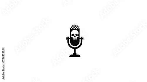 Black Microphone Icon with Skull Design on White Background. Edgy Symbol for Dangerous Speech, Dark Podcasts, or Music Concept.