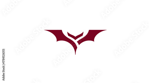 Abstract dark red stylized bat or winged creature symbol design on white, minimalist graphic element illustration
