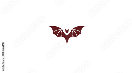 Elegant dark red stylized bat icon with spread wings, minimalist vector illustration on white background, perfect for Halloween or spooky designs.